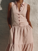 Women's Vacation Casual Style Linen-Cotton Sleeveless Collared Tiered Shirt Maxi Dress ZMZ0208F5YZH