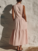 Women's Vacation Casual Style Linen-Cotton Sleeveless Collared Tiered Shirt Maxi Dress ZMZ0208F5YZH