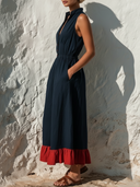 Women's Vacation Style Linen-Cotton Stand Collar Sleeveless Elastic Waist Ruffle Hem Midi Dress ZMZ0277F1YZH