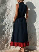Women's Vacation Style Linen-Cotton Stand Collar Sleeveless Elastic Waist Ruffle Hem Midi Dress ZMZ0277F1YZH
