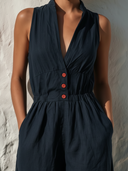 Women's Vacation Style Linen-Cotton Stand Collar Sleeveless Elastic Waist Ruffle Hem Midi Dress ZMZ0277F1YZH