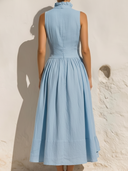 Women's Coastal Vacation Style Linen-Cotton Stand Collar Sleeveless Waisted Ruffle Hem Midi Dress ZMZ0269F6YZH