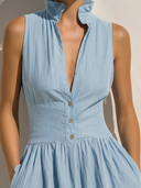 Women's Coastal Vacation Style Linen-Cotton Stand Collar Sleeveless Waisted Ruffle Hem Midi Dress ZMZ0269F6YZH