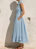 Women's Coastal Vacation Style Linen-Cotton Stand Collar Sleeveless Waisted Ruffle Hem Midi Dress ZMZ0269F6YZH