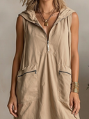 Women's Casual Style Washed Cotton Sleeveless Hooded Half-Zip Pocket Shift Mini Dress ZMZ0260F9YZH