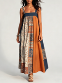 Women's Retro Casual Color-Block Spaghetti Strap Loose Maxi Dress ZMZ0238F1XT