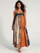 Women's Retro Casual Color-Block Spaghetti Strap Loose Maxi Dress ZMZ0238F1XT
