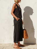 Women's Linen-Cotton Contrast Stitch Embroidered Sleeveless Tank & Cropped Wide Leg Pants Co-ord Set ZMZ0293F1YZH