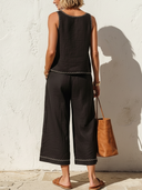 Women's Linen-Cotton Contrast Stitch Embroidered Sleeveless Tank & Cropped Wide Leg Pants Co-ord Set ZMZ0293F1YZH