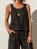 Women's Linen-Cotton Contrast Stitch Embroidered Sleeveless Tank & Cropped Wide Leg Pants Co-ord Set ZMZ0293F1YZH