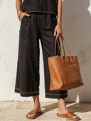Women's Linen-Cotton Contrast Stitch Embroidered Sleeveless Tank & Cropped Wide Leg Pants Co-ord Set ZMZ0293F1YZH