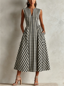 Women's Casual Plaid V-Neck Sleeveless Maxi Dress ZMZ0257F5XT