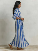 Women's Vacation-Style Striped Print Stand-Collar Maxi Dress ZMZ0285F4XT