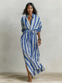 Women's Vacation-Style Striped Print Stand-Collar Maxi Dress ZMZ0285F4XT