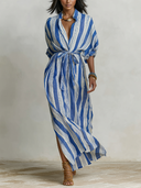 Women's Vacation-Style Striped Print Stand-Collar Maxi Dress ZMZ0285F4XT