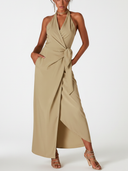 Women's Solid-Color Cotton Halter V-Neck Sleeveless Maxi Dress ZMZ0222F2XT