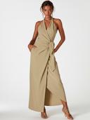 Women's Solid-Color Cotton Halter V-Neck Sleeveless Maxi Dress ZMZ0222F2XT