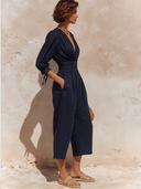 Women's Solid-Color Cotton-Linen V-Neck Casual Jumpsuit ZMZ0225F2XT