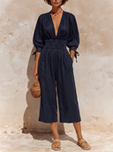 Women's Solid-Color Cotton-Linen V-Neck Casual Jumpsuit ZMZ0225F2XT
