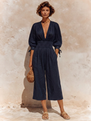 Women's Solid-Color Cotton-Linen V-Neck Casual Jumpsuit ZMZ0225F2XT