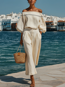 Women's Linen-Blend Off Shoulder Striped Balloon Sleeve Top & Pleated Wide Leg Cropped Pants Co-ord Set ZMZ0349F8YZH
