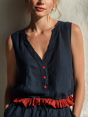 Women's Vacation Casual Style Linen-Blend Contrast Ruffle Hem Sleeveless V-Neck Blouse ZMZ0315F9YZH
