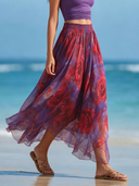 Women's Flowy Romantic Purple Chiffon Rose Print Elastic Waist Skirt ZMZ0284F5SWL