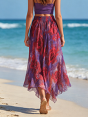 Women's Flowy Romantic Purple Chiffon Rose Print Elastic Waist Skirt ZMZ0284F5SWL