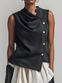 Women's Retro Casual Asymmetrical Collar And Buttons Cotton-Linen Sleeveless Top ZMZ0325F0ZYY