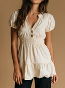 Women's Retro Casual Cotton-Linen V-Neck Short-Sleeve Slim-Fit Shirt ZMZ0364F6ZYY