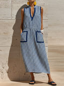Women's Vintage Casual — V-Neck, Sleeveless, With Pockets Pure Cotton Plaid Midi Dress ZMZ0369F3ZYY