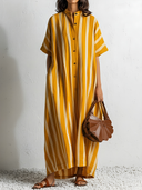 Women's Vintage-Style Casual Vacation Stripe Cotton-Linen Loose-Fit, Short-Sleeve Maxi Dress ZMZ0393F4ZYY