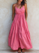 Women's Vacation & Casual Cotton-Linen V-Neck Strappy Maxi Dress ZMZ0397F1ZYY