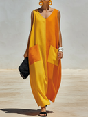 Women's Casual Vacation-Style — Color-Blocked, V-Neck, Sleeveless, And Loose-Fitting Cotton-Linen Dress ZMZ0334F7ZYY