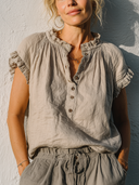 Women's Casual Style Washed Cotton Ruffle Neck Cap Sleeve Henley Blouse ZMZ0332F5YZH