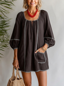 Women's Boho Resort Style Contrast Piping Lace-Up Neck Balloon Sleeve Mini Tunic Dress ZMZ0313F5YZH