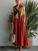 Women's Retro Bohemian Vacation Linen-Blend Color Block Stand Collar Sleeveless Maxi Dress ZMZ0318F1YZH