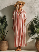 Women's Classic Pink Striped Loose-Fit Short-Sleeve V-Neck Maxi Dress ZMZ0378F7SWL