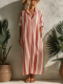 Women's Classic Pink Striped Loose-Fit Short-Sleeve V-Neck Maxi Dress ZMZ0378F7SWL