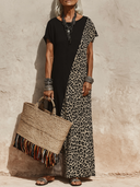 Women's Boho Safari Style Color Block Leopard Print Short Sleeve Loose Maxi Dress ZMZ0374F0YZH