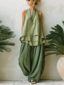 Women's Classic Green Cotton-Linen Sleeveless Top And Wide-Leg Pants Set ZMZ0374F7SWL
