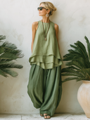 Women's Classic Green Cotton-Linen Sleeveless Top And Wide-Leg Pants Set ZMZ0374F7SWL