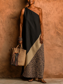 Women's Boho Safari Style Linen-Blend One Shoulder Color Block Leopard Print Maxi Dress ZMZ0365F8YZH