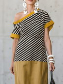 Women's Retro Casual Cotton-Linen Spliced, Off-Shoulder, Short-Sleeve, Loose-Fit Maxi Dress ZMZ2318E3ZYY