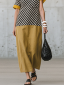 Women's Retro Casual Cotton-Linen Spliced, Off-Shoulder, Short-Sleeve, Loose-Fit Maxi Dress ZMZ2318E3ZYY