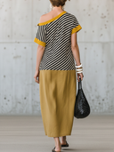 Women's Retro Casual Cotton-Linen Spliced, Off-Shoulder, Short-Sleeve, Loose-Fit Maxi Dress ZMZ2318E3ZYY