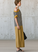 Women's Retro Casual Cotton-Linen Spliced, Off-Shoulder, Short-Sleeve, Loose-Fit Maxi Dress ZMZ2318E3ZYY