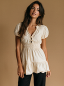 Women's Retro Casual Cotton-Linen V-Neck Short-Sleeve Slim-Fit Shirt ZMZ0364F6ZYY