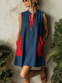 Women's Classic Color-Block Denim Sleeveless Mini Dress With Decorative Buckles And V-Neck ZMZ0346F5SWL