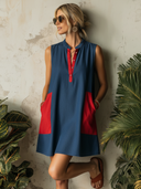 Women's Classic Color-Block Denim Sleeveless Mini Dress With Decorative Buckles And V-Neck ZMZ0346F5SWL
